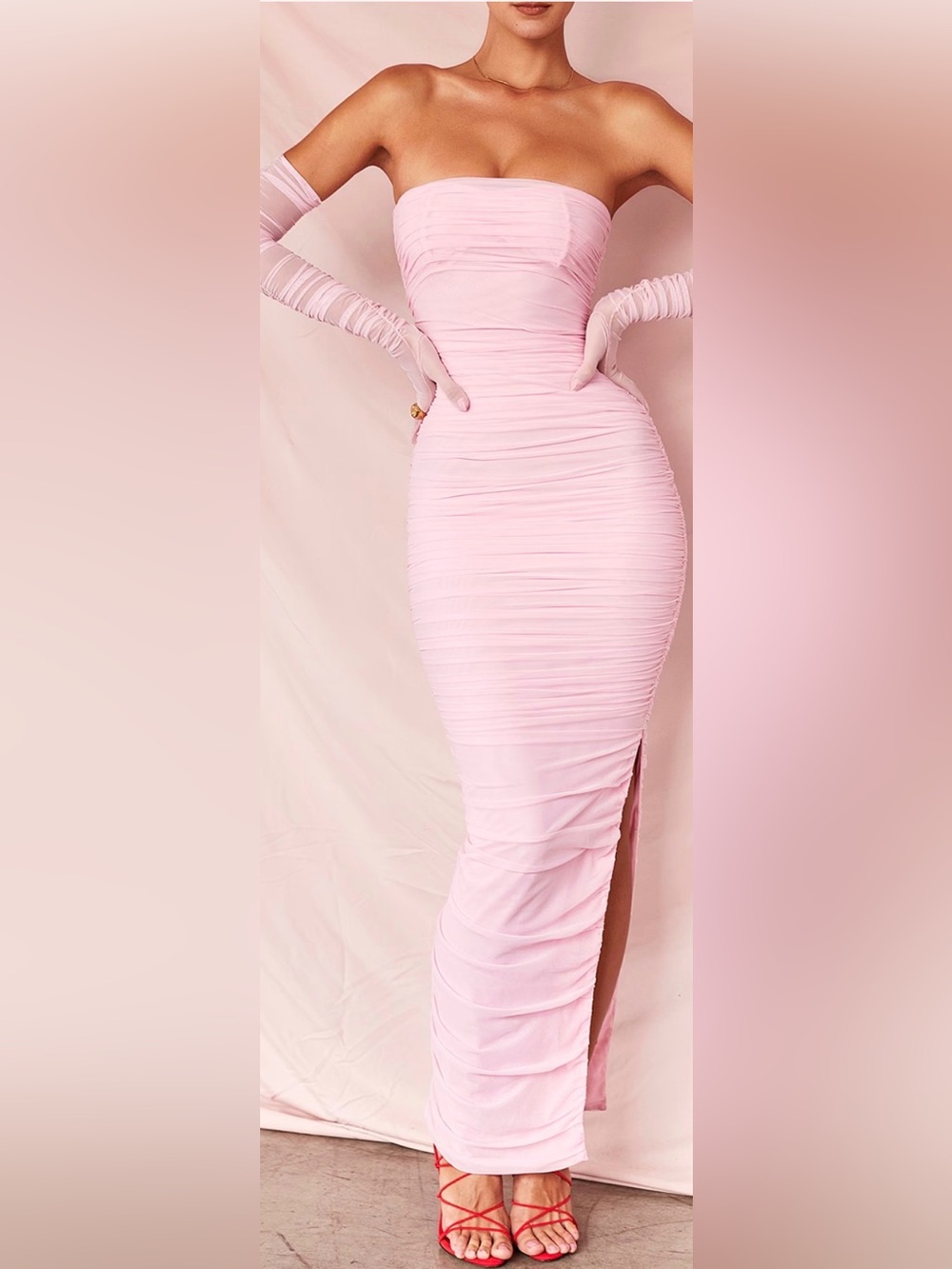 House of CB Sofia Fairy Pink Strapless Ruched Maxi Gown Dress XS